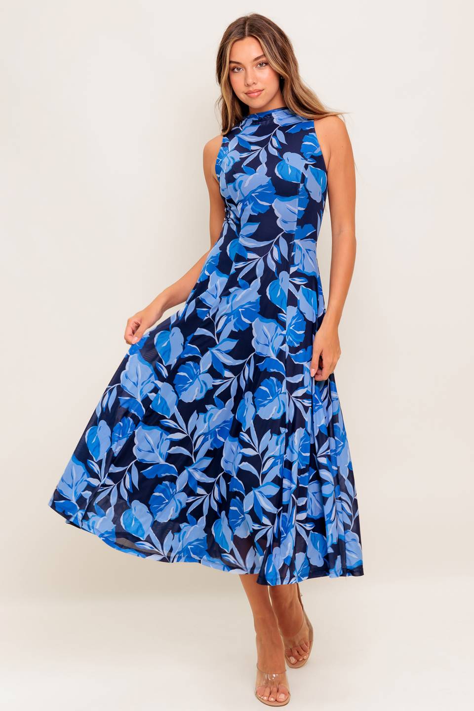 Size Large, PALMER POWER MESH PRINTED MIDI DRESS - BLUE - FINAL SALE