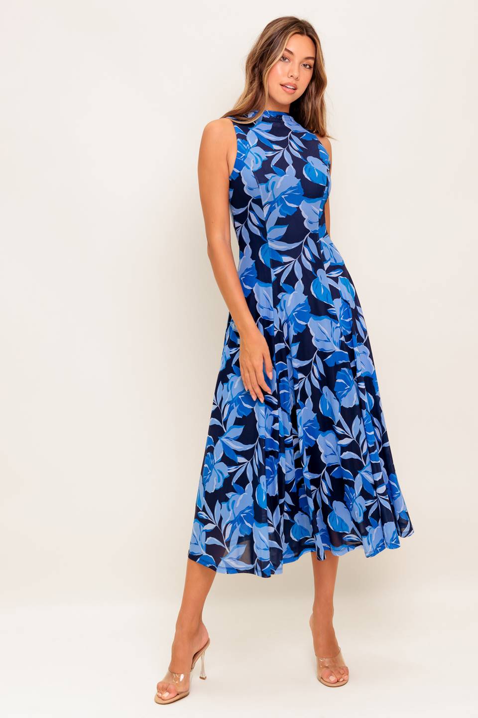 Size Large, PALMER POWER MESH PRINTED MIDI DRESS - BLUE - FINAL SALE