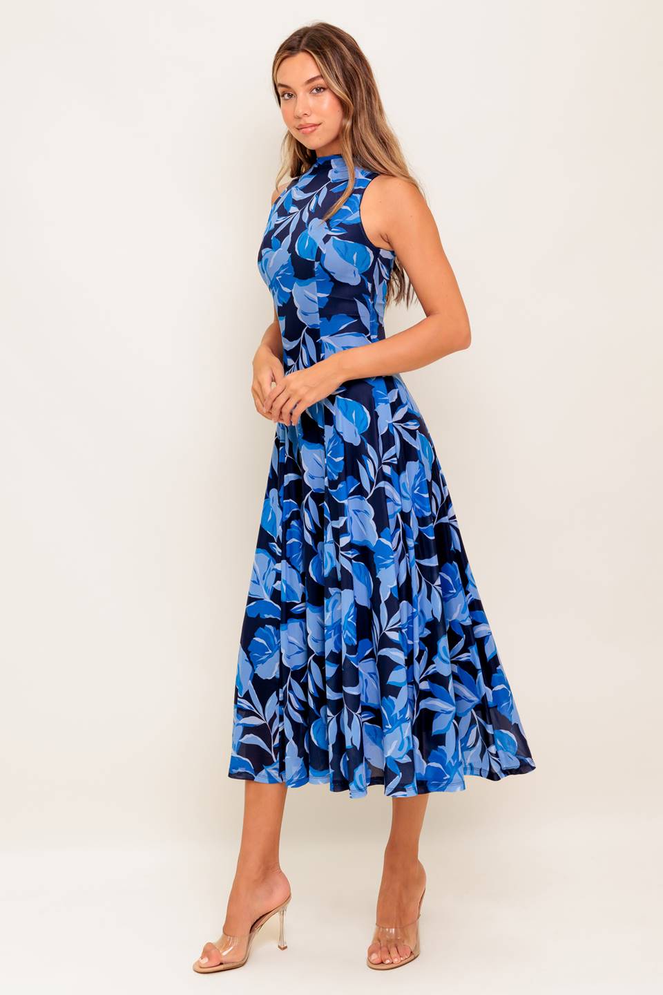 Size Large, PALMER POWER MESH PRINTED MIDI DRESS - BLUE - FINAL SALE