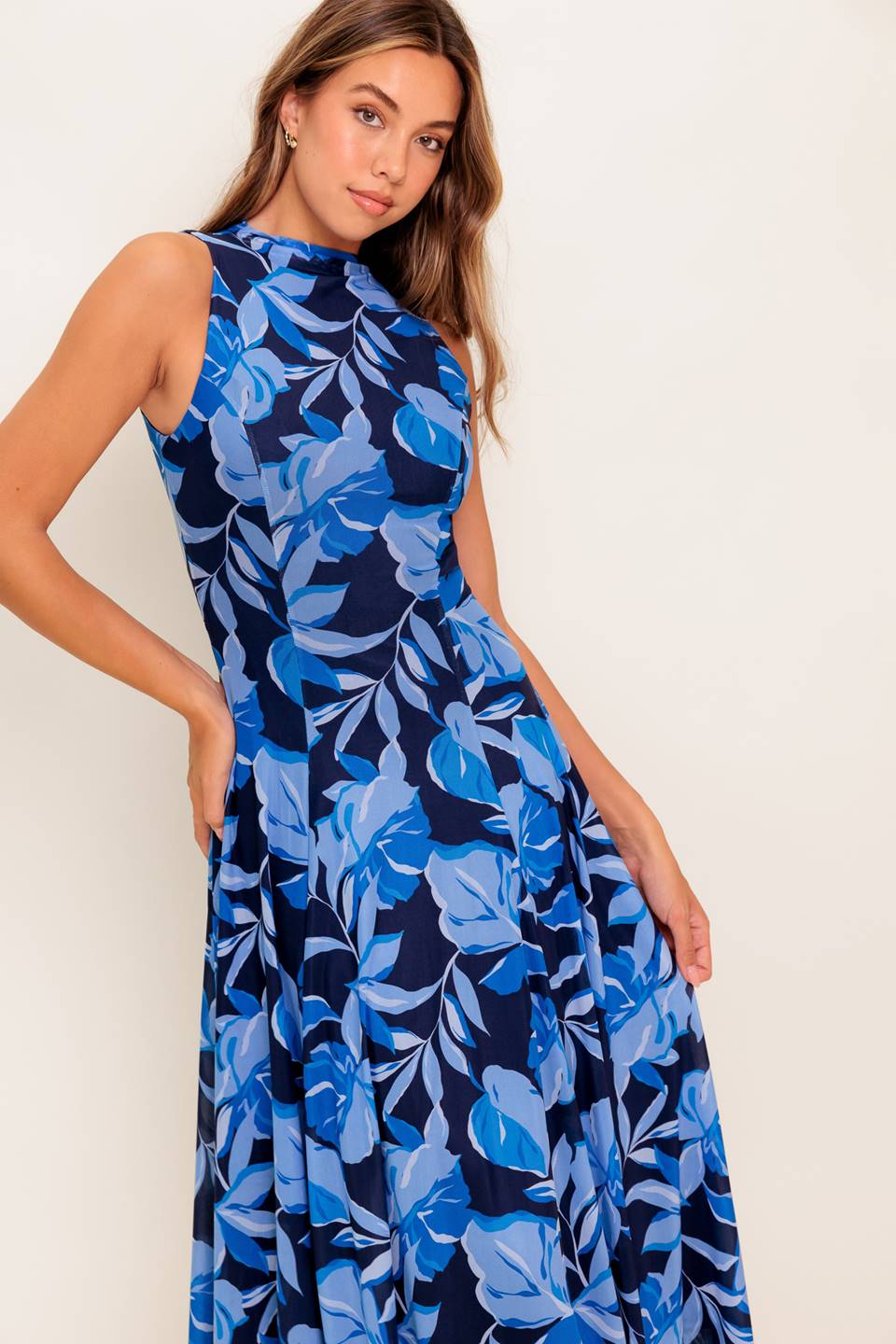Size Large, PALMER POWER MESH PRINTED MIDI DRESS - BLUE - FINAL SALE