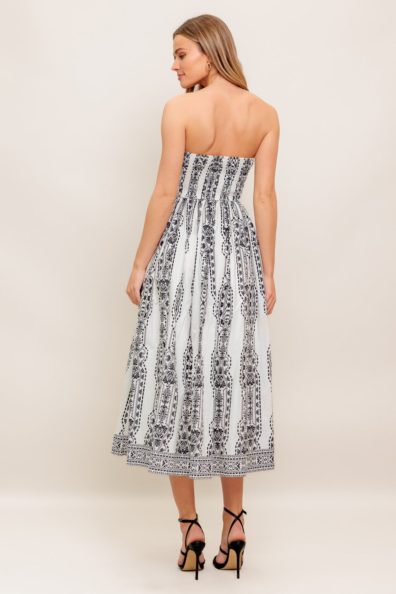 SUMMER SILHOUETTE STRAPLESS BLACK & WHITE MIDI DRESS