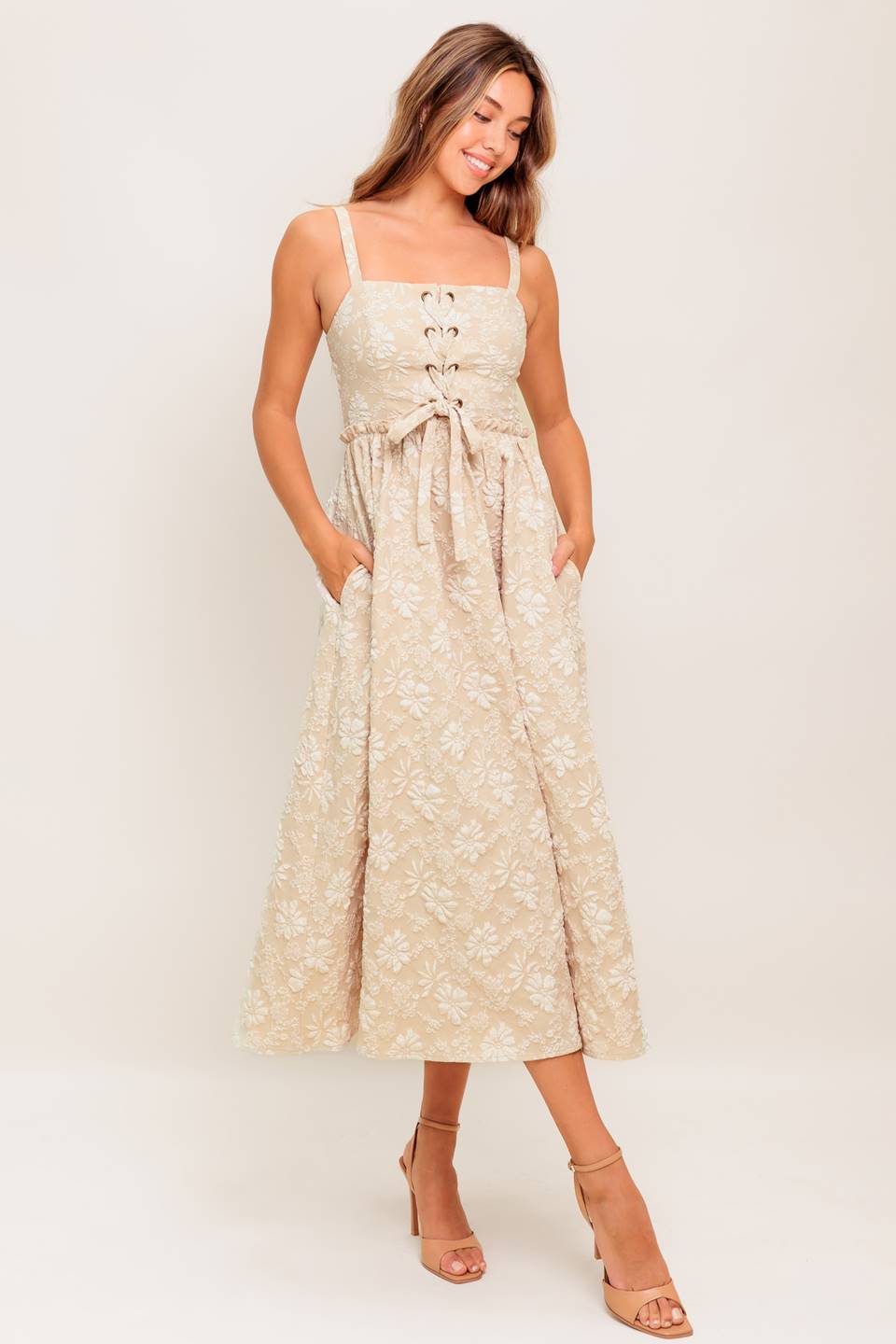 ELOISE MIDI DRESS - LACE UP JACQUARD DRESS