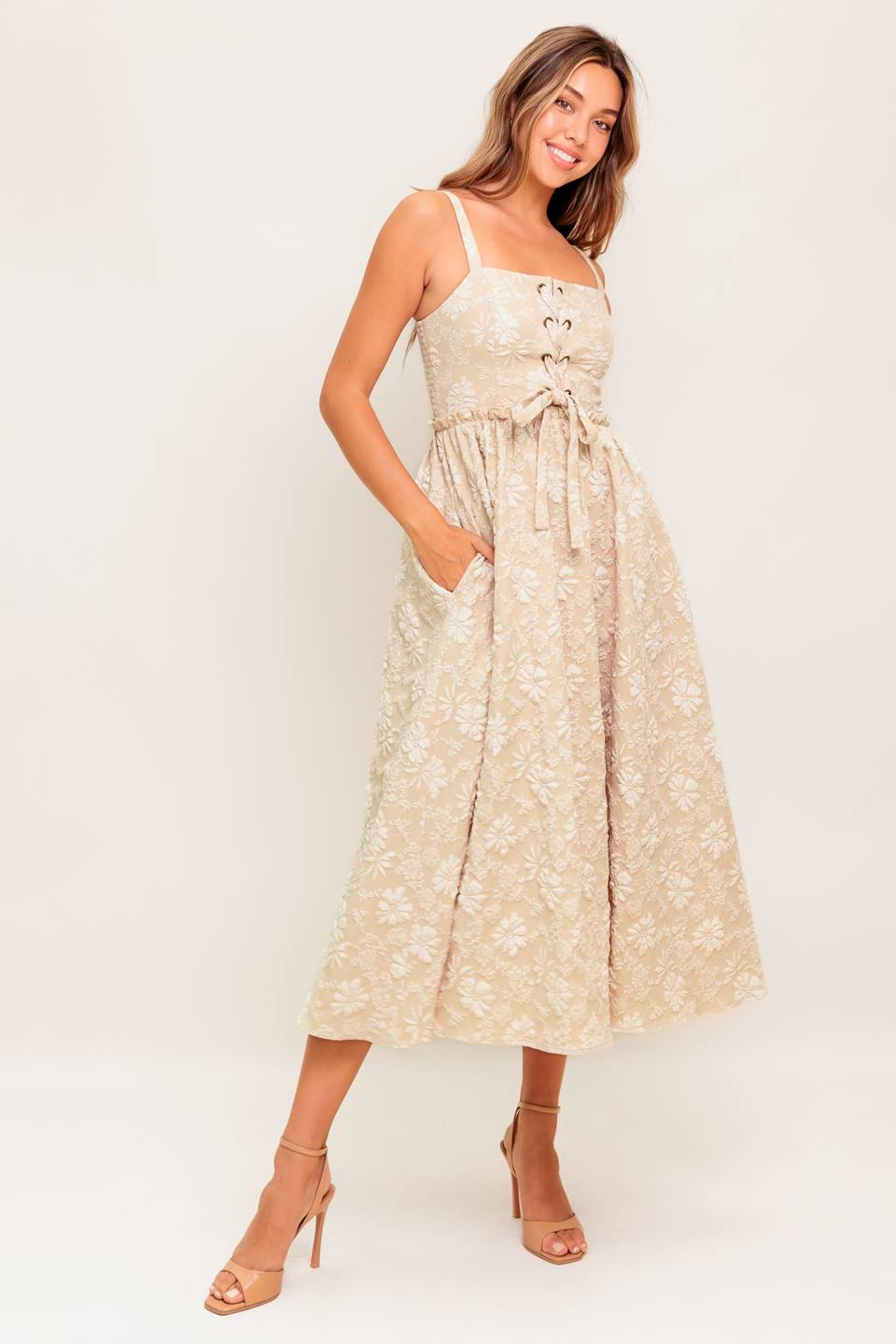 ELOISE MIDI DRESS - LACE UP JACQUARD DRESS