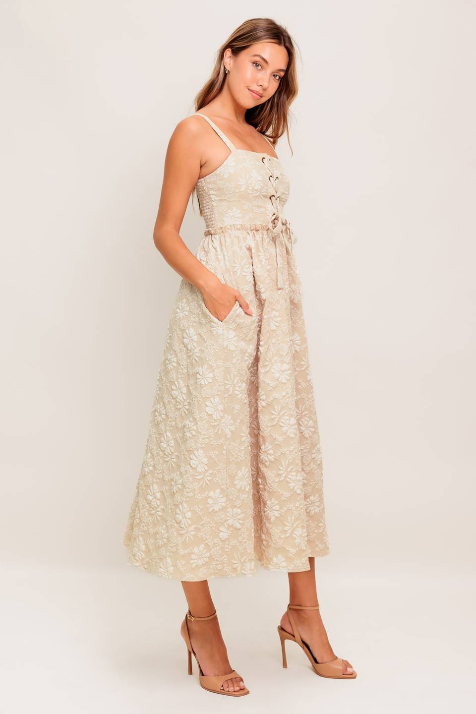 ELOISE MIDI DRESS - LACE UP JACQUARD DRESS