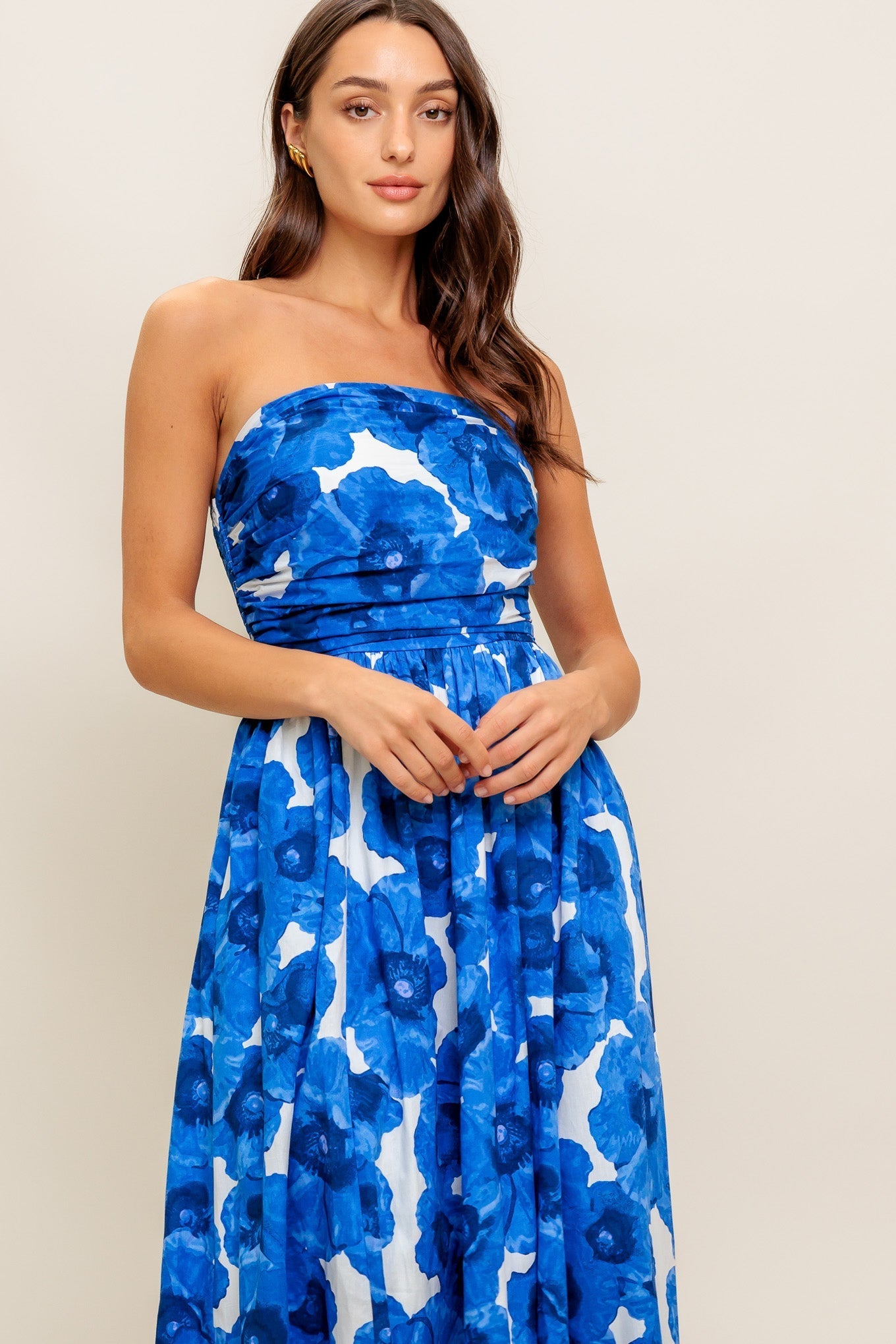 Betsy Bold Blue Floral Strapless Maxi Dress