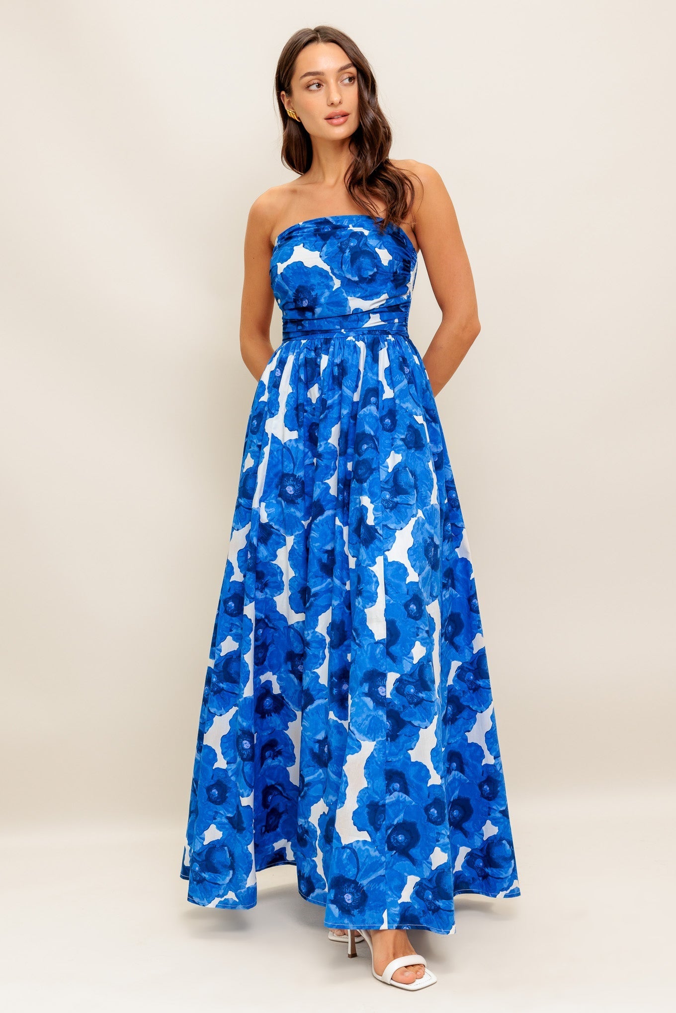 Betsy Bold Blue Floral Strapless Maxi Dress
