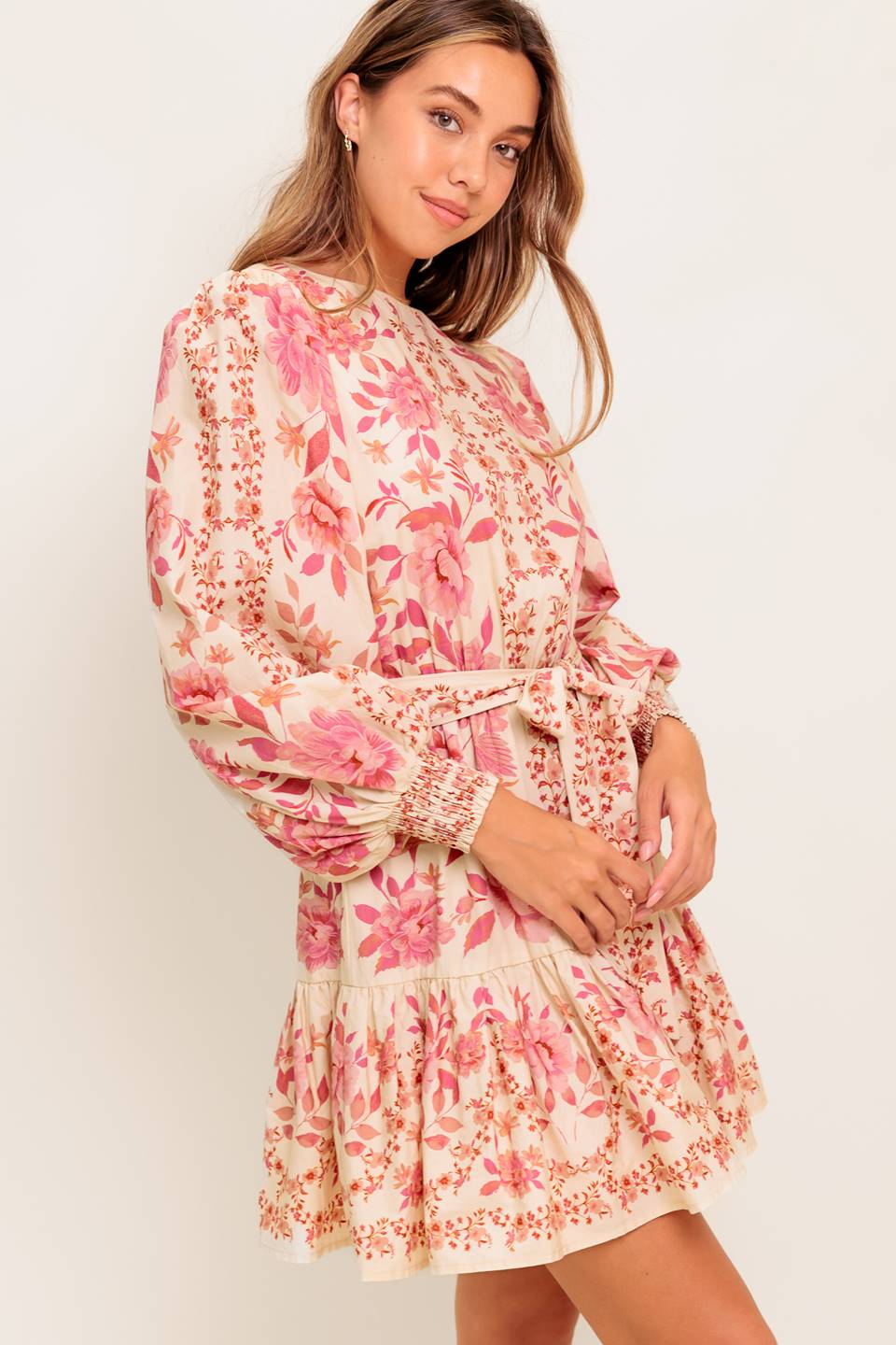 ALANNA PINK FLORAL PRINTED MINI DRESS