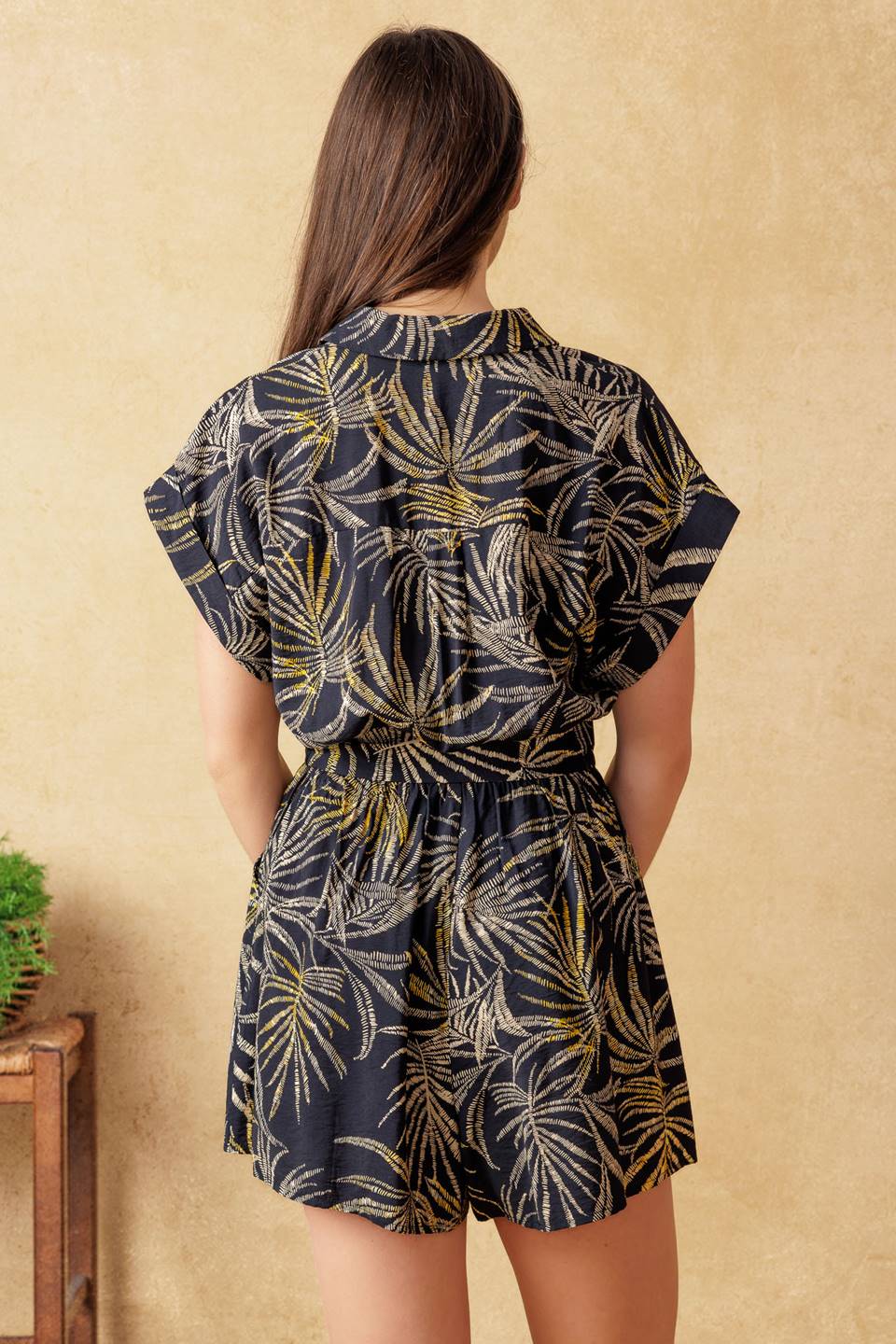 NOLA LEAF PRINT ROMPER - BLACK