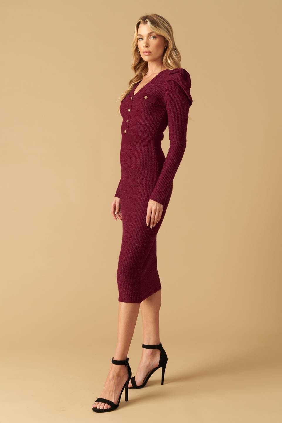 YOUNG LOVE - BURGUNDY - PUFF SLEEVE SWEATER DRESS