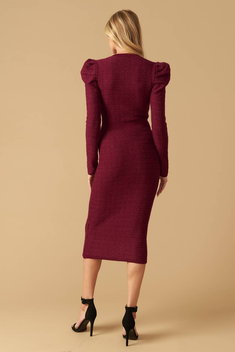 YOUNG LOVE - BURGUNDY - PUFF SLEEVE SWEATER DRESS