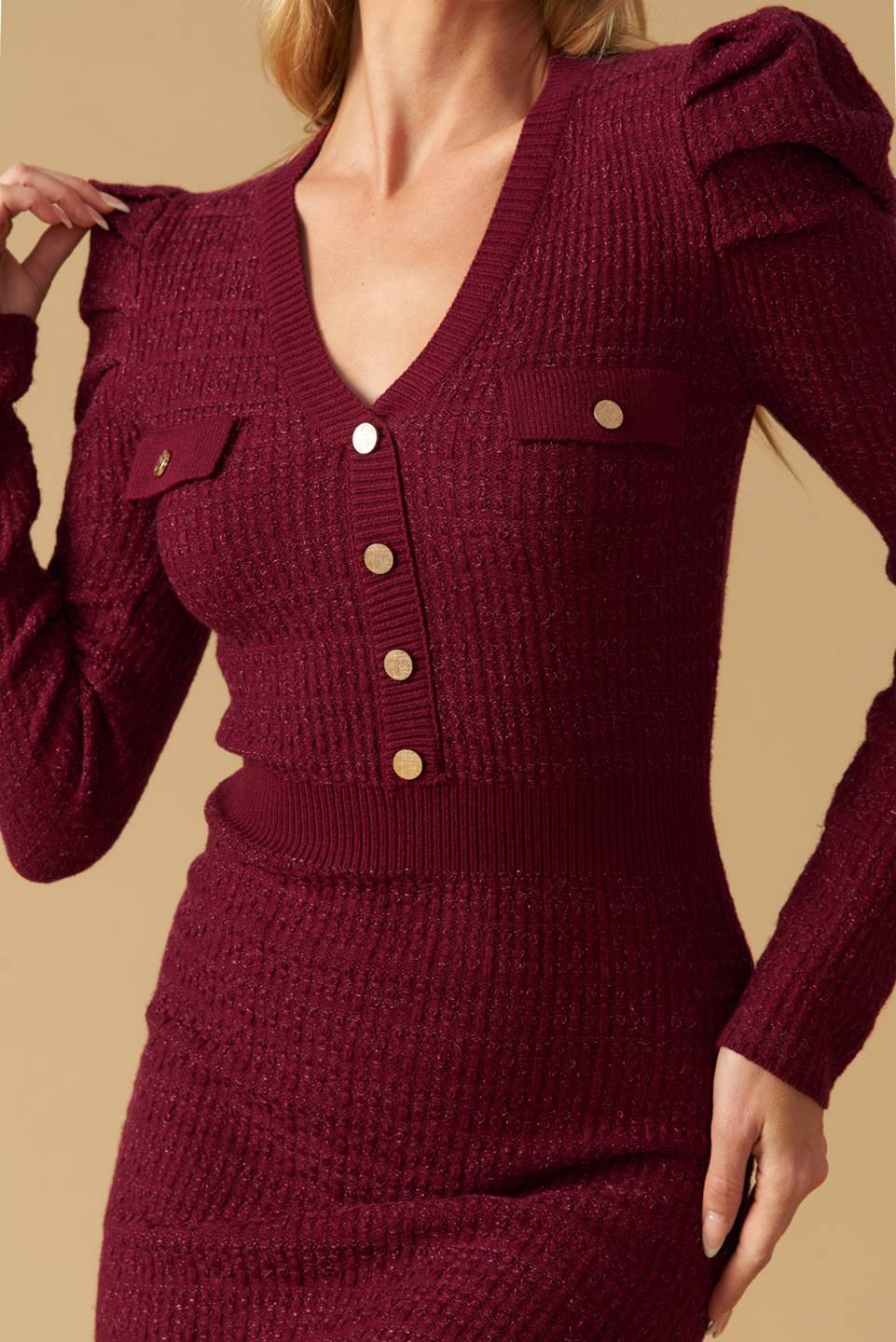 YOUNG LOVE - BURGUNDY - PUFF SLEEVE SWEATER DRESS
