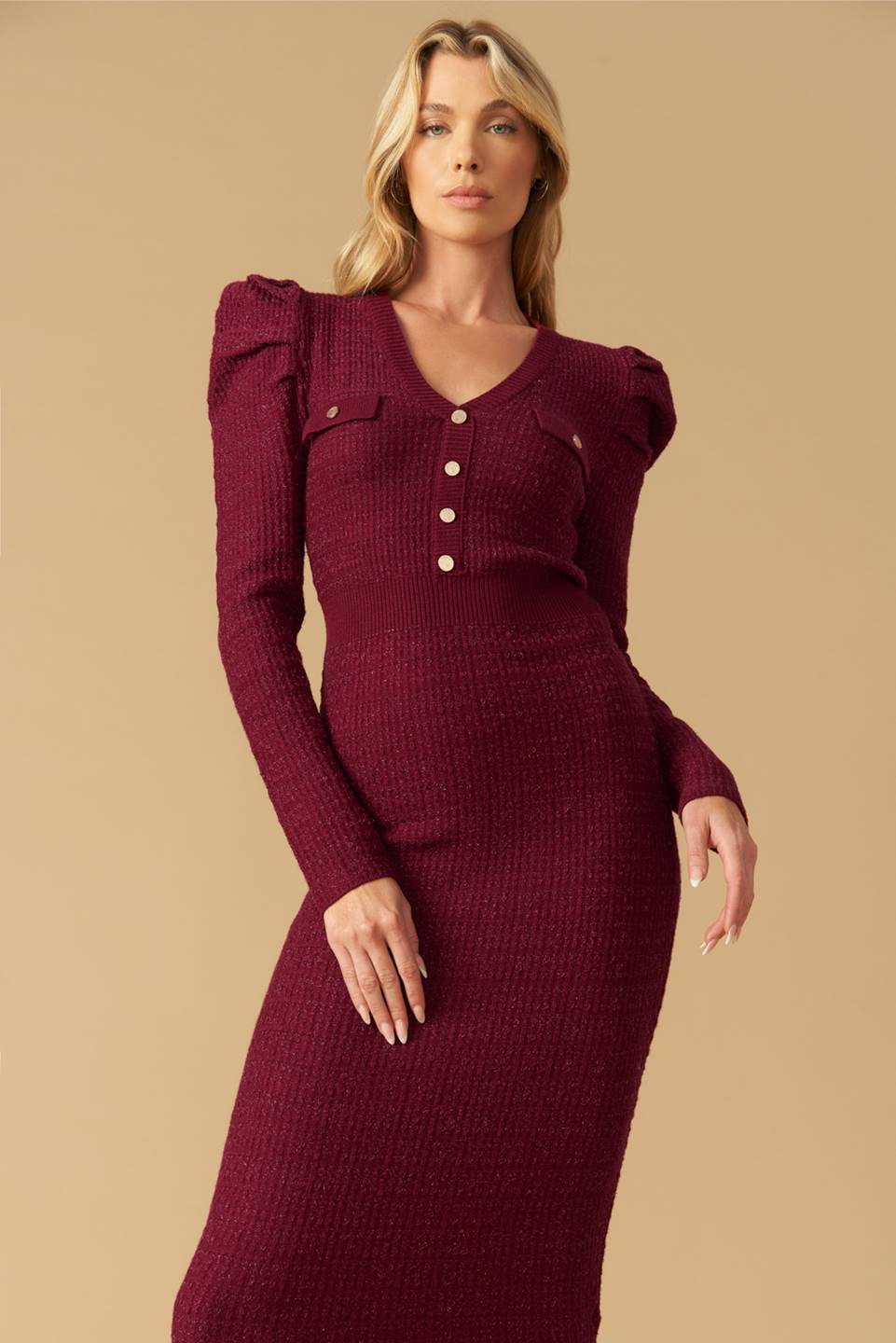 YOUNG LOVE - BURGUNDY - PUFF SLEEVE SWEATER DRESS