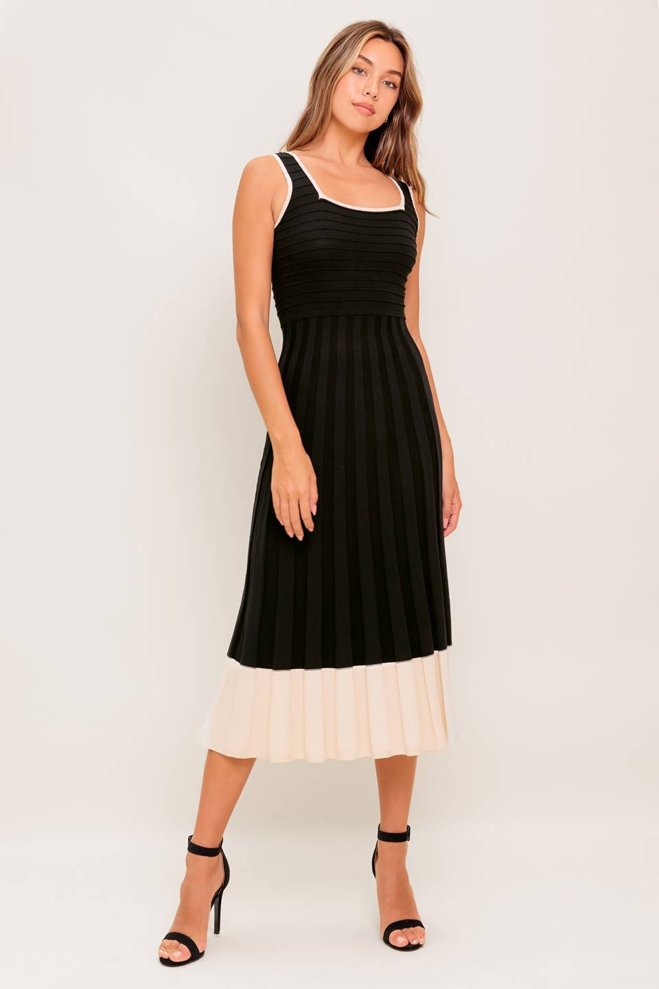 Size Medium, LAUREL BLACK & CREAM SWEATER MIDI DRESS - FINAL SALE