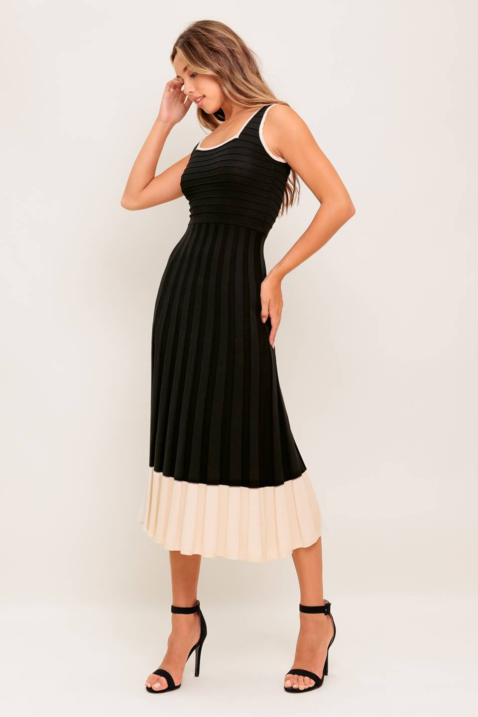Size Medium, LAUREL BLACK & CREAM SWEATER MIDI DRESS - FINAL SALE