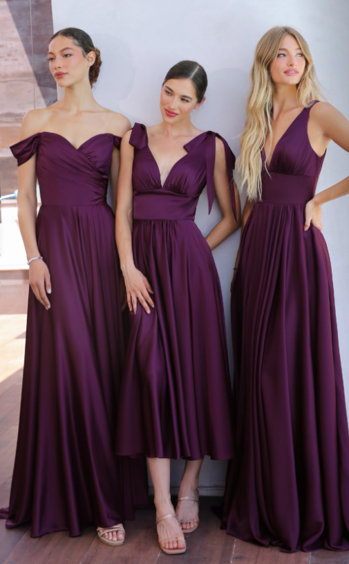 MAGGIE MIDI DRESS - EGGPLANT - TEA LENGTH SOFT SATIN A-LINE DRESS