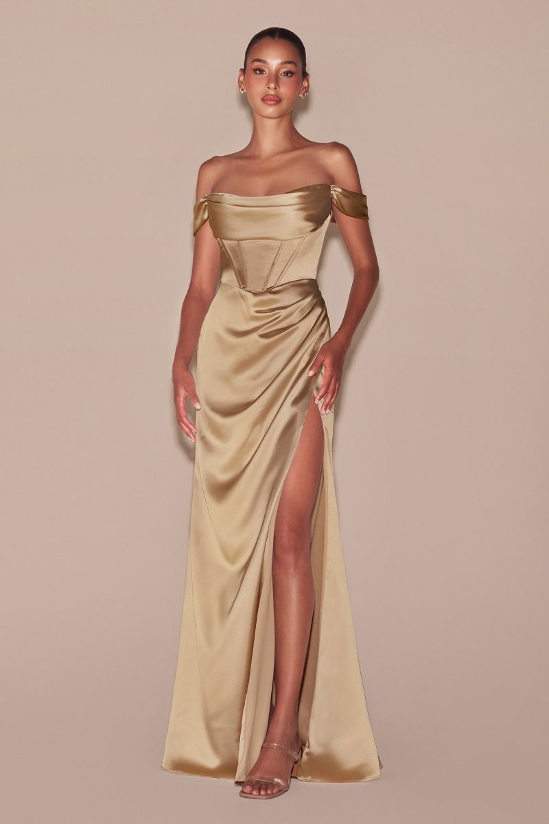 Mabel Gown - Champagne - LUXE SATIN OFF THE SHOULDER CORSET GOWN
