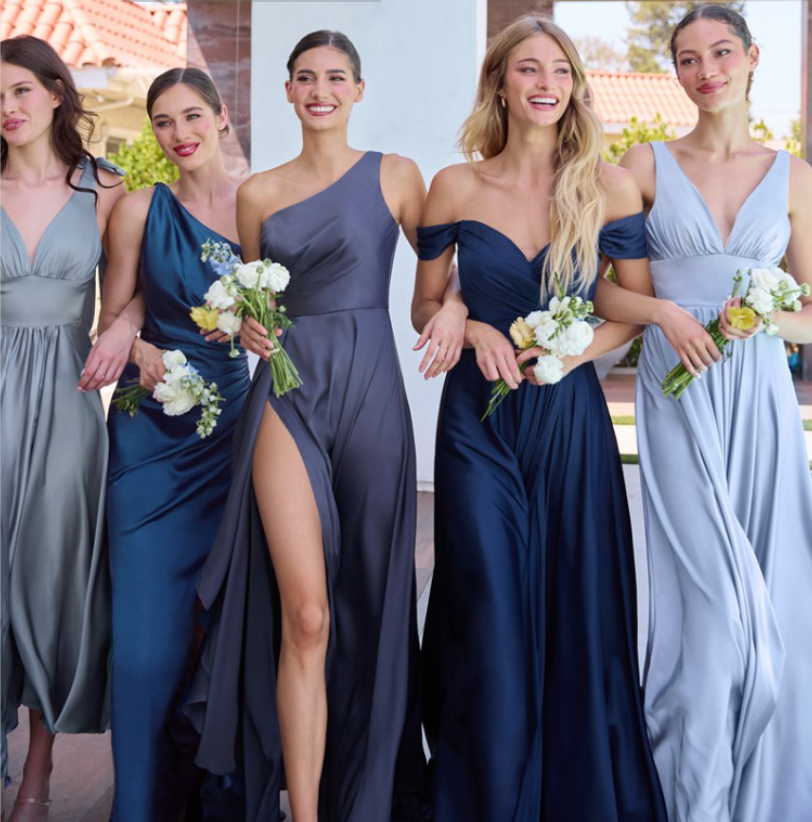 MAGGIE MIDI DRESS - DUSTY BLUE - TEA LENGTH SOFT SATIN A-LINE DRESS