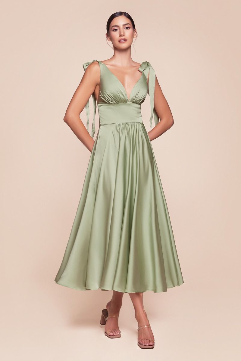 MAGGIE MIDI DRESS - SAGE - TEA LENGTH SOFT SATIN A-LINE DRESS