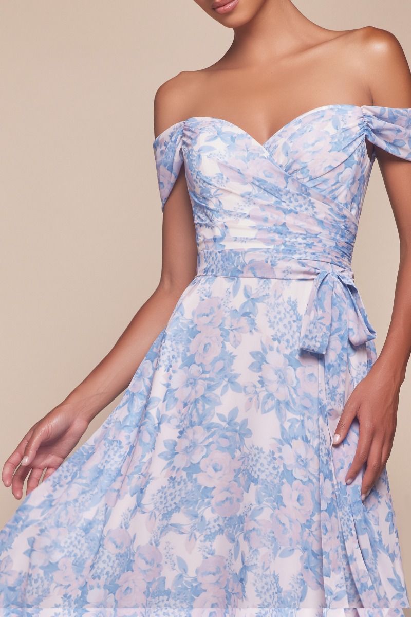 ROBE TILDA - BLEUE - ROBE LIGNE A IMPRIMÉ FLORAL À ÉPAULES DÉNUDÉES