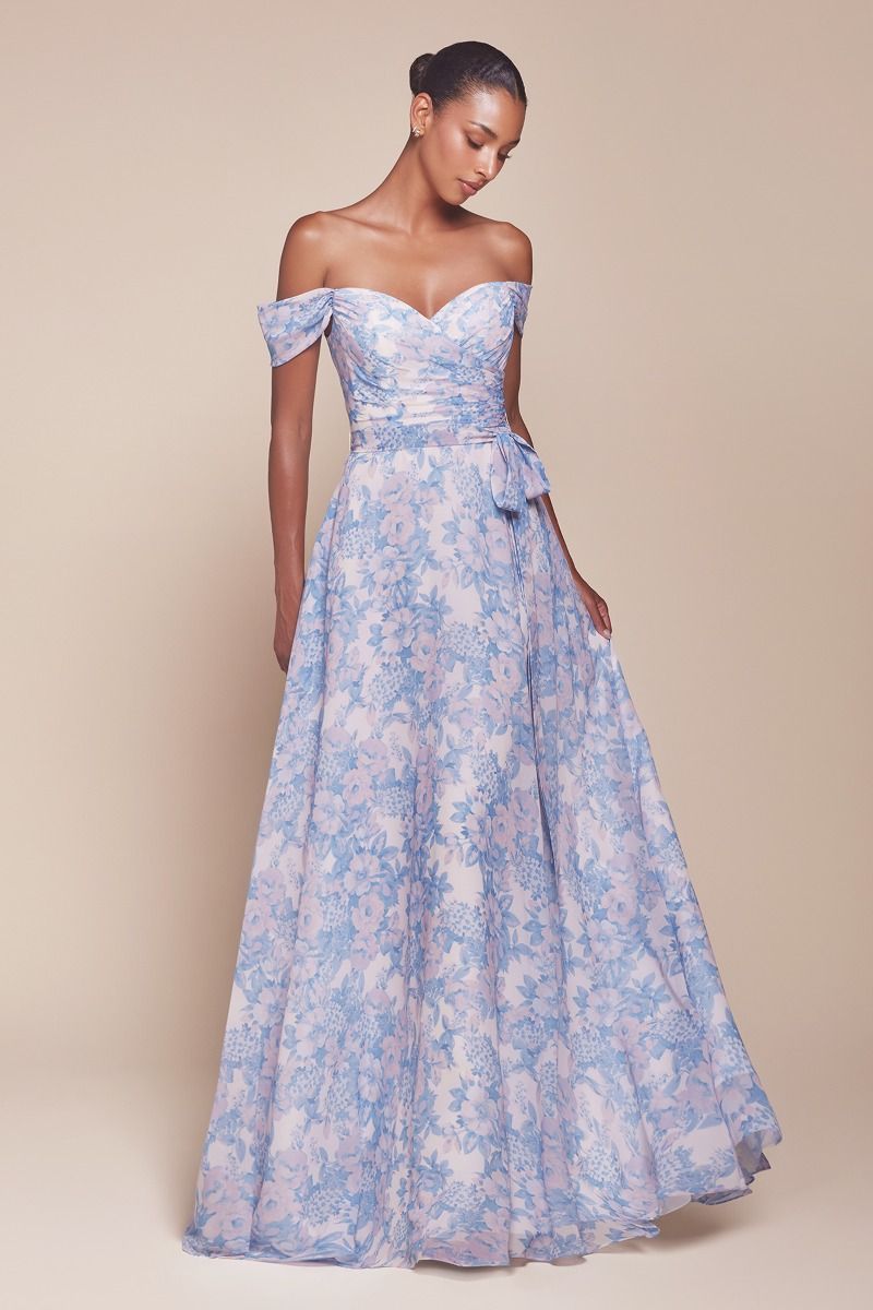 ROBE TILDA - BLEUE - ROBE LIGNE A IMPRIMÉ FLORAL À ÉPAULES DÉNUDÉES