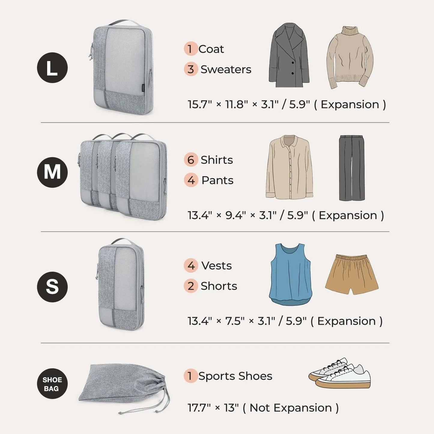 Lot de 6 cubes de compression pour valises