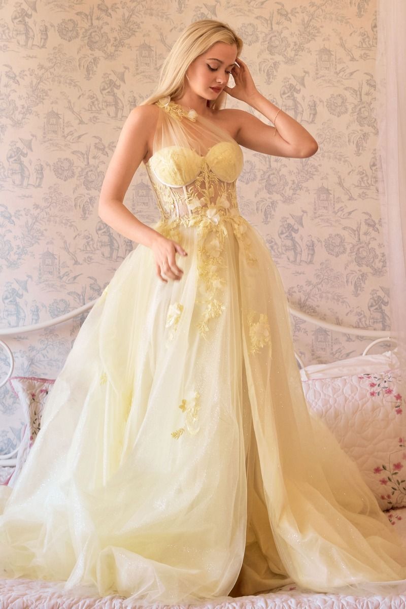 A1053 - Leila One Shoulder A-Line Tulle Gown with Floral Appliqué - Yellow - Andrea & Leo