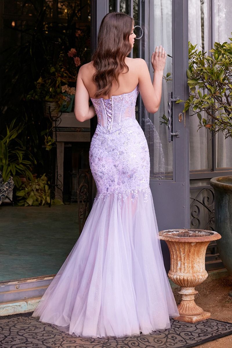 A1388 ROBE SIRÈNE À PAILLETTES ET FLEURS - BLEU CLAIR - Andrea & Leo