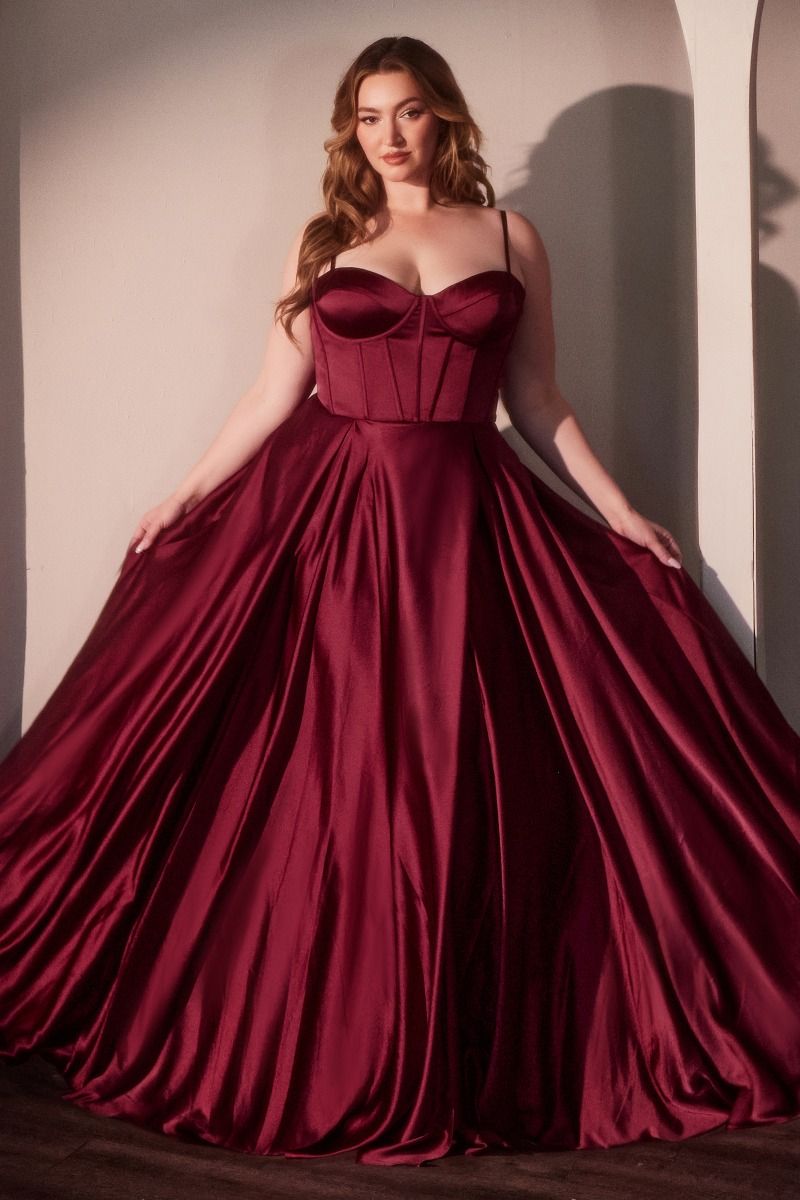 SELMA GOWN - BURGUNDY - A-LINE LUXE SATIN BUSTIER DRESS