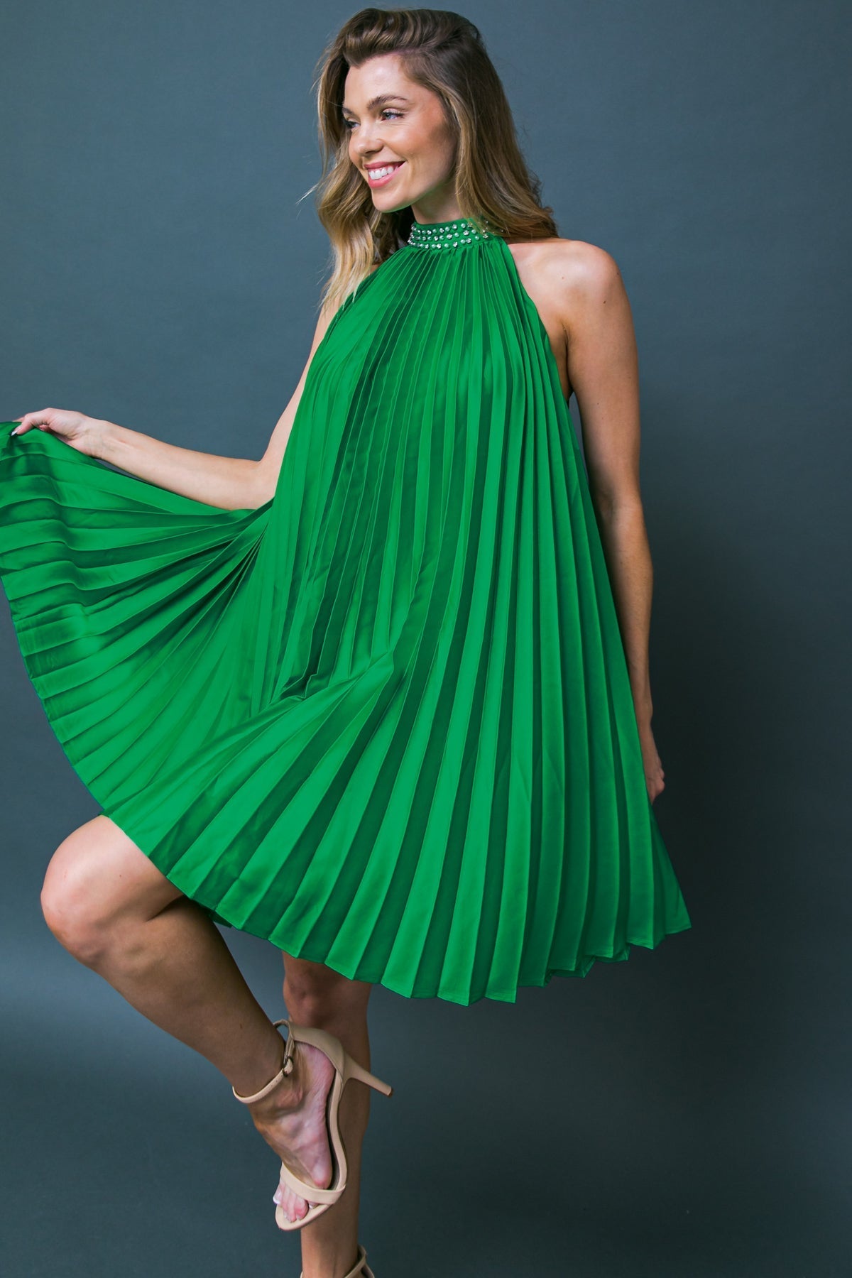 FIESTA FRIDAY - PLEATED MINI DRESS WITH HALTER NECK