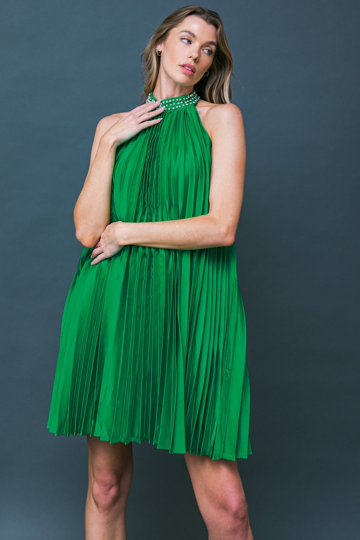 FIESTA FRIDAY - PLEATED MINI DRESS WITH HALTER NECK