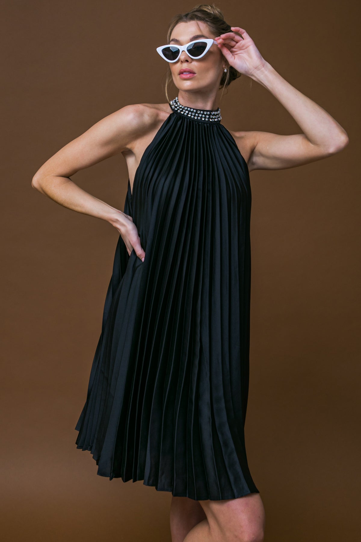 FIESTA FRIDAY - PLEATED MINI DRESS WITH HALTER NECK