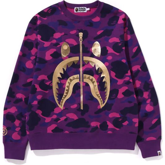 Sweat-shirt ras du cou BAPE pour homme avec motif camouflage coloré et requin