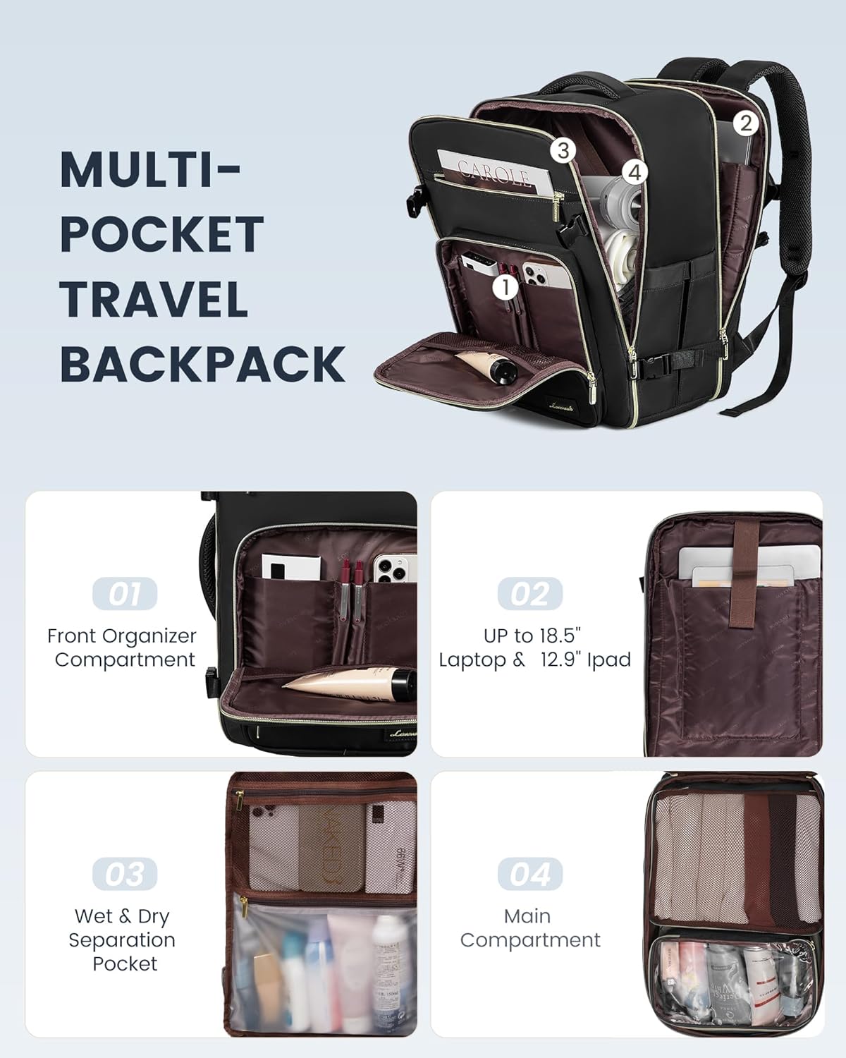 Sac à dos de voyage uni, 4 pièces, 40 L/50 L