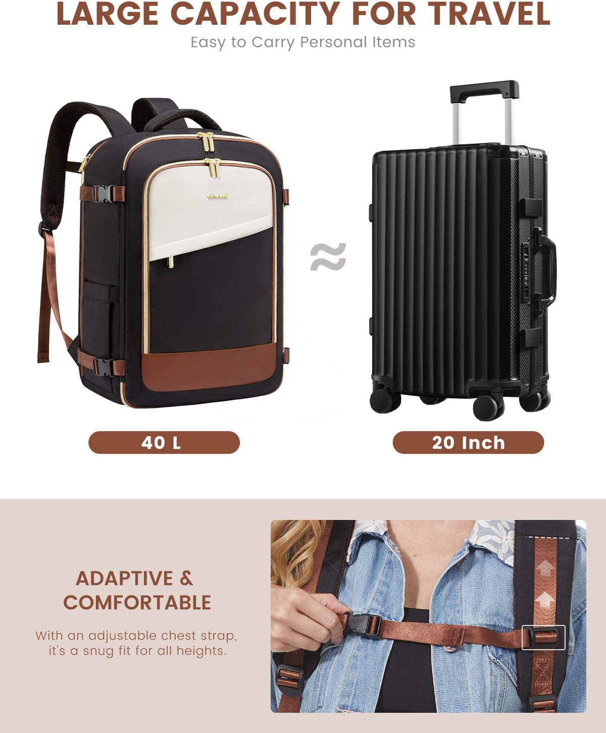 Sac à dos de voyage pour avion, 4 pièces, 40 L