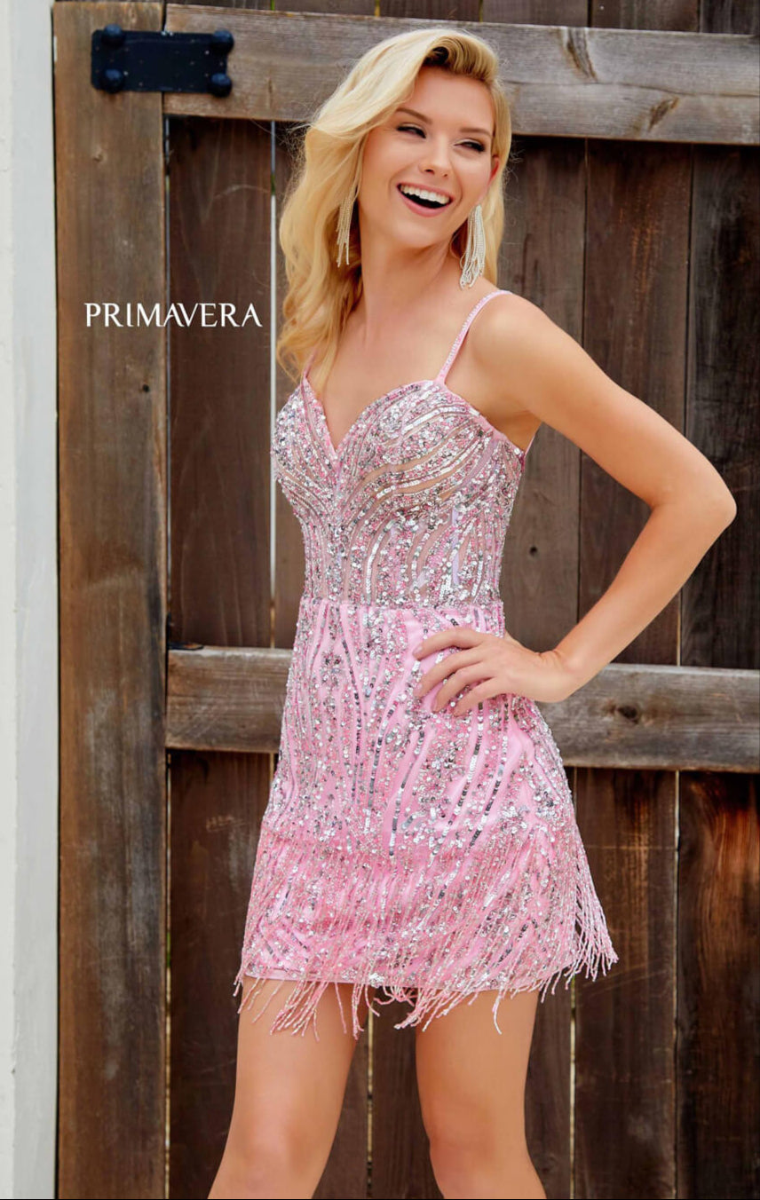 4248 - Primavera - Fringe Beaded Cocktail Mini Dress