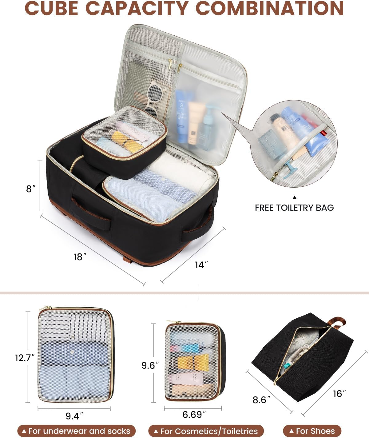 Sac à dos de voyage pour avion, 4 pièces, 40 L