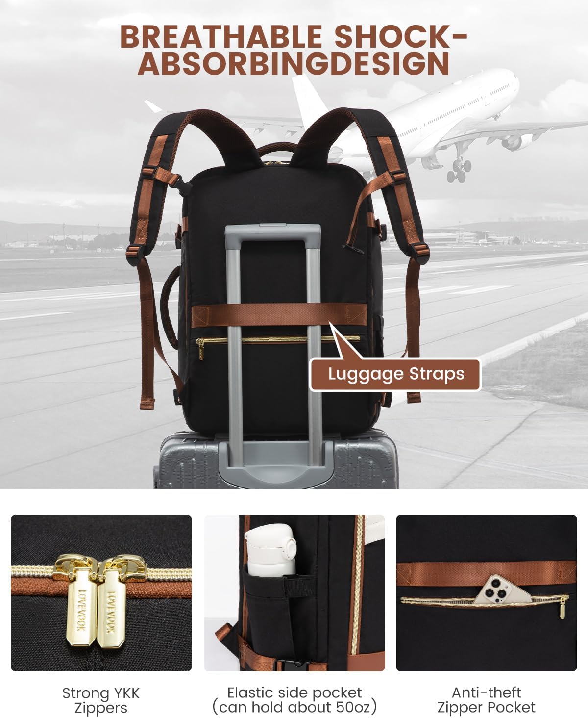 Sac à dos de voyage pour avion, 4 pièces, 40 L