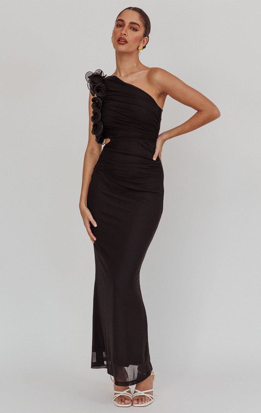 LIZBETH ONE SHOULDER MESH MAXI DRESS - BLACK
