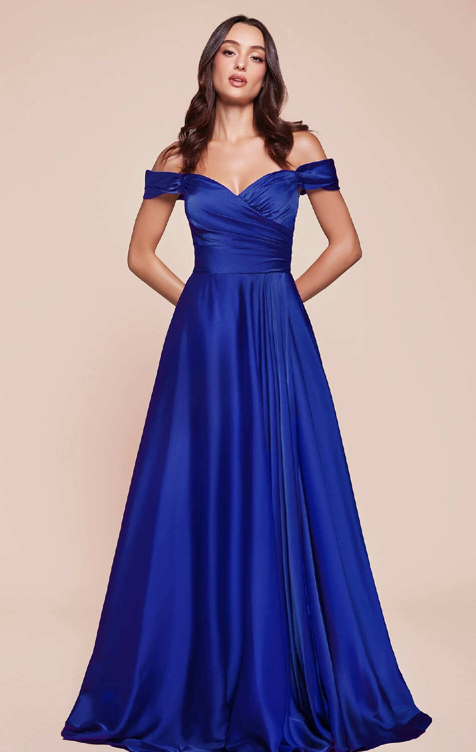 JILLIAN GOWN - ROYAL - A-LINE SOFT SATIN OFF THE SHOULDER DRESS