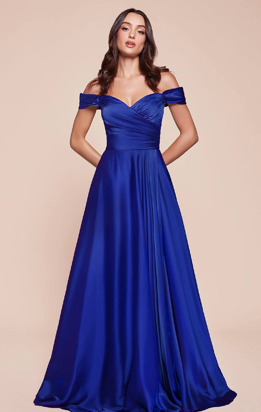 JILLIAN GOWN - ROYAL - A-LINE SOFT SATIN OFF THE SHOULDER DRESS