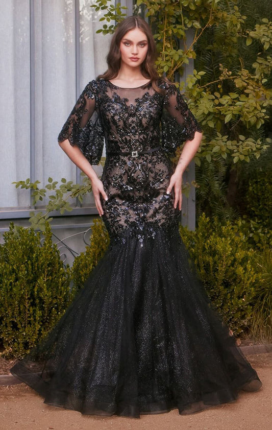 A1377 - FLORAL MOTIF SEQUIN MERMAID GOWN - Andrea & Leo