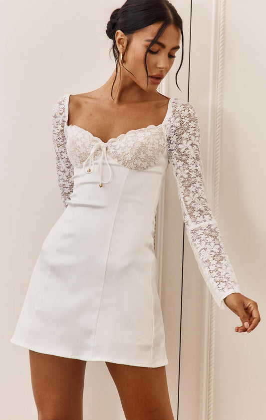 Carrie Mini Dress - White - Lace Sleeve Mini Dress