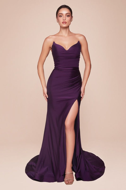 AVA POINTED V-NECKLINE GOWN - EGGPLANT - STRAPLESS STRETCH SPANDEX SATIN FITTED GOWN