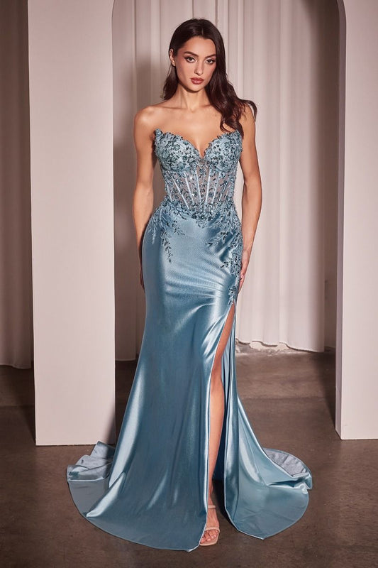 Robe Alexis - Bleu clair - ROBE AJUSTÉE SANS BRETELLES EN SATIN ET DENTELLE