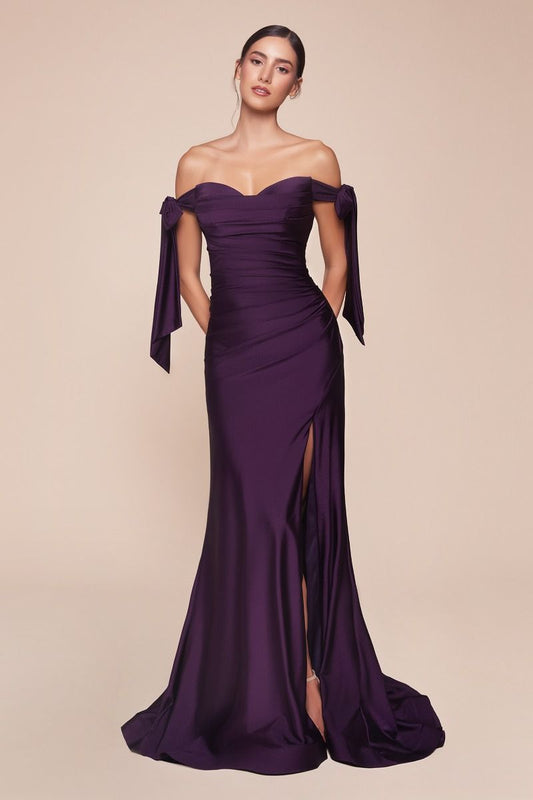Amber Gown - Eggplant - Off Shoulder Stretch Spandex Satin Dress With Ties