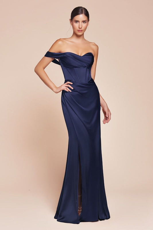 Audra Gown - Navy - ONE SHOULDER LUXE SATIN CORSET GOWN