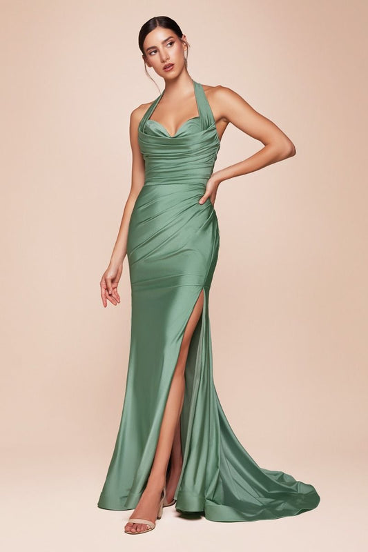 AUTUMN GOWN - DARK SAGE - STRETCH SPANDEX SATIN HALTER FITTED DRESS