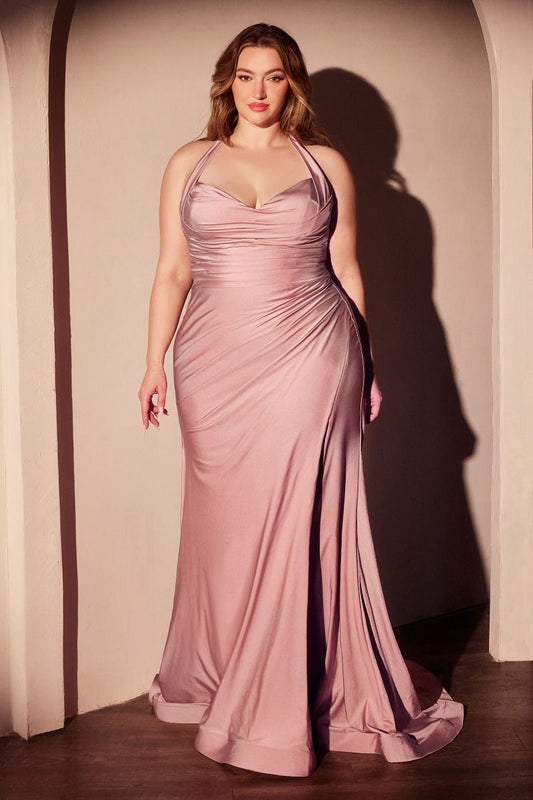 AUTUMN GOWN - DUSTY ROSE - STRETCH SPANDEX SATIN HALTER FITTED DRESS