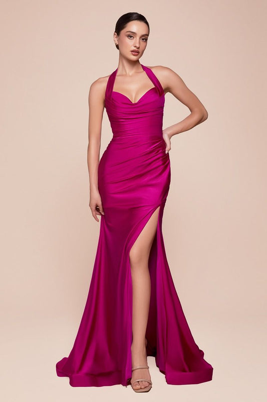 AUTUMN GOWN - MAGENTA - STRETCH SPANDEX SATIN HALTER FITTED DRESS