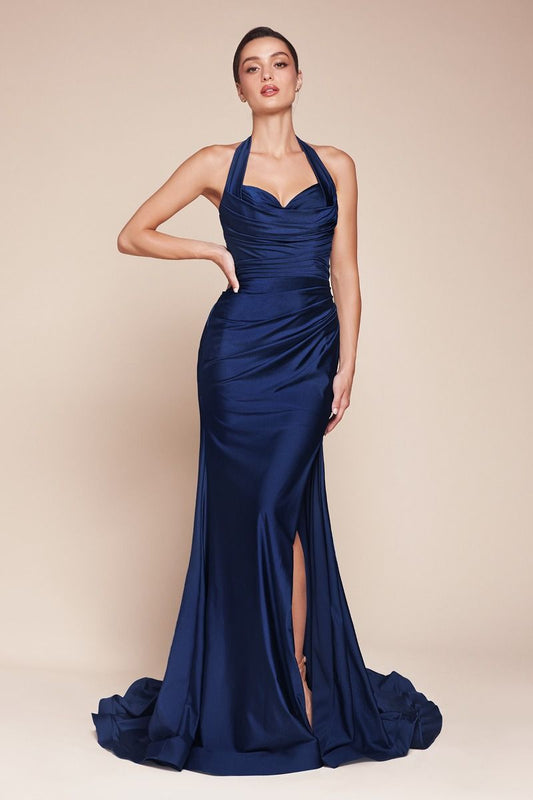 AUTUMN GOWN - NAVY - STRETCH SPANDEX SATIN HALTER FITTED DRESS